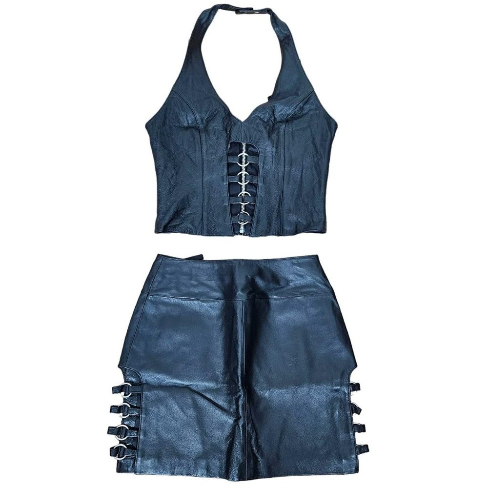 Vintage y2k Black Leather Set skirt halter